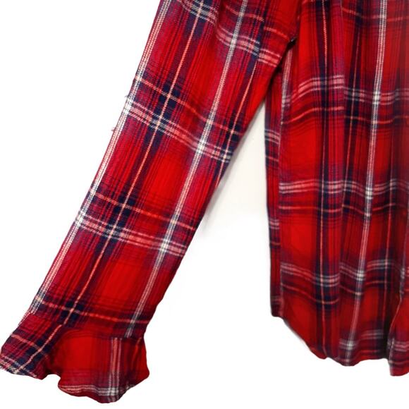 Elan Women's Plaid Flannel Top Size Small Off-Shoulder 3/4 Ruffle Sleeve - Picture 4 of 6